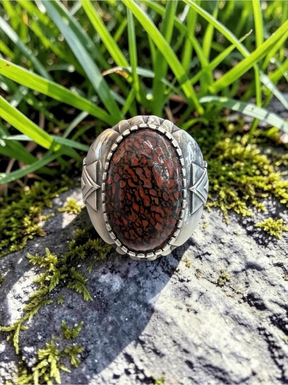 Sterling Silver Dino Bone Cabochon Ring‎ by Kingdom Jewelry
